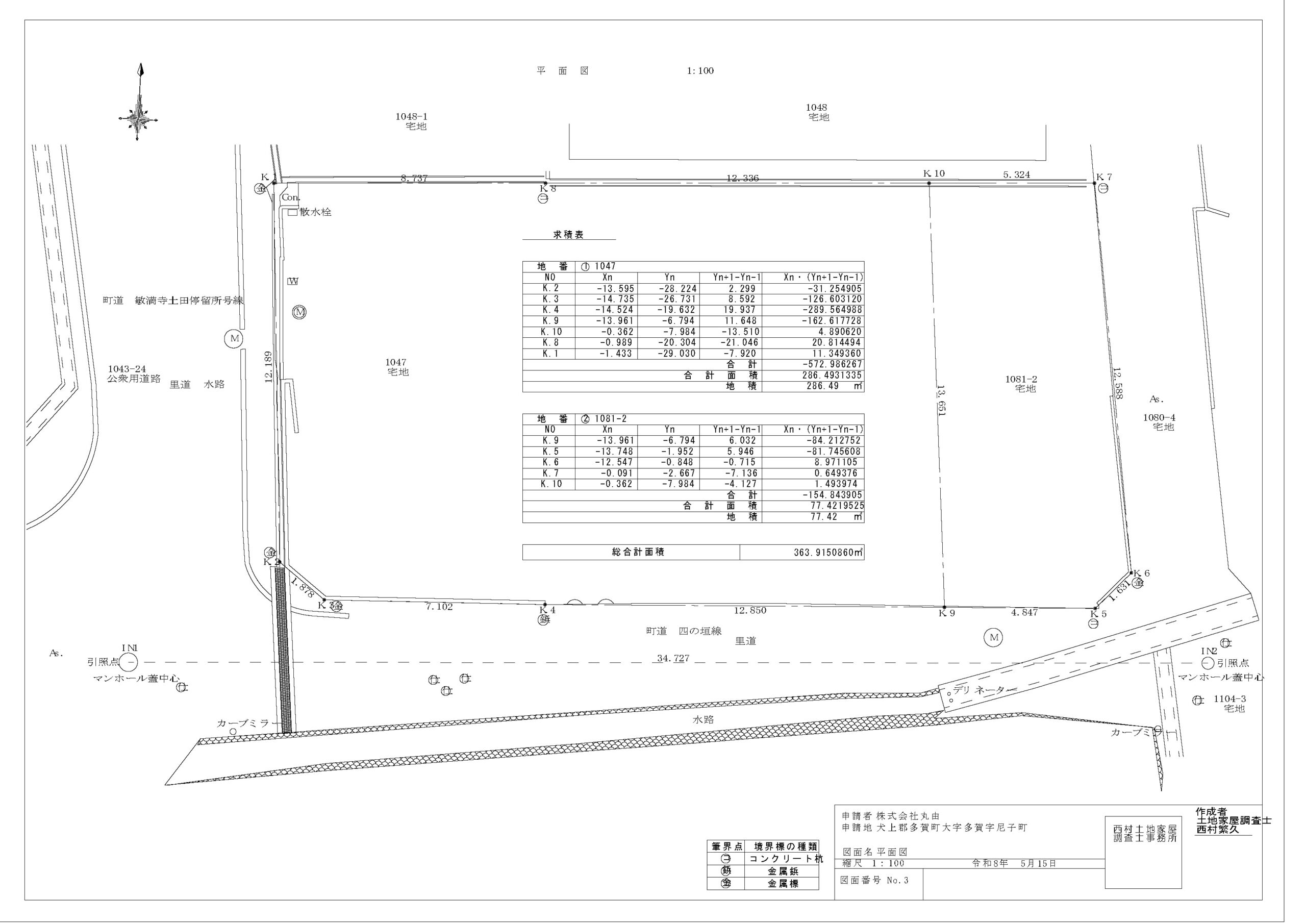 多賀町多賀1047・1081-2 地積測量図（縮尺1:100、二筆で構成、北側町道と水路、東は1081-1宅地、南東は1081-4宅地、南西は四の垣線町道を明示）